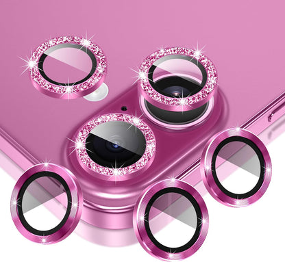 AGVEE 3+3 6 Pack for iPhone 16 6.1" / 16 Plus 6.7" Camera Lens Cover Protector, Bling Glitter & CD-Textured Metal Ring 9H Tempered HD Glass Camera Cover Protector Film, Glitter-Rose