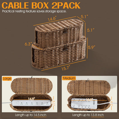 FairyHaus Cable Management Box 2Pack Brown, Handwoven Large and Small Cable Organizer Box Cover to Hide Cords and Power Strip, Imitation Wicker Cord Organizer Box Hider for Office Desk and Floor
