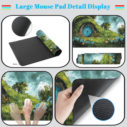 Cute Landscape Cartoons Desk Mat Aesthetic Gaming Mouse Pad XXL Large Extended Green Sage Desk Pad, Laptop Keyboard and Mouse Mat, Computer Desktop Mat Playmat, Women Desk Decor Pad 31.5x15.7 in