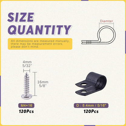 Swpeet 120 Pack Black 5/16 Inch Nylon Plastic R-Type Cable Clips Clamp Kit, Nylon Screw Mounting Cord Fastener Clips with 60 Pack Screws for Wire Management (5/16 Inch, Black)