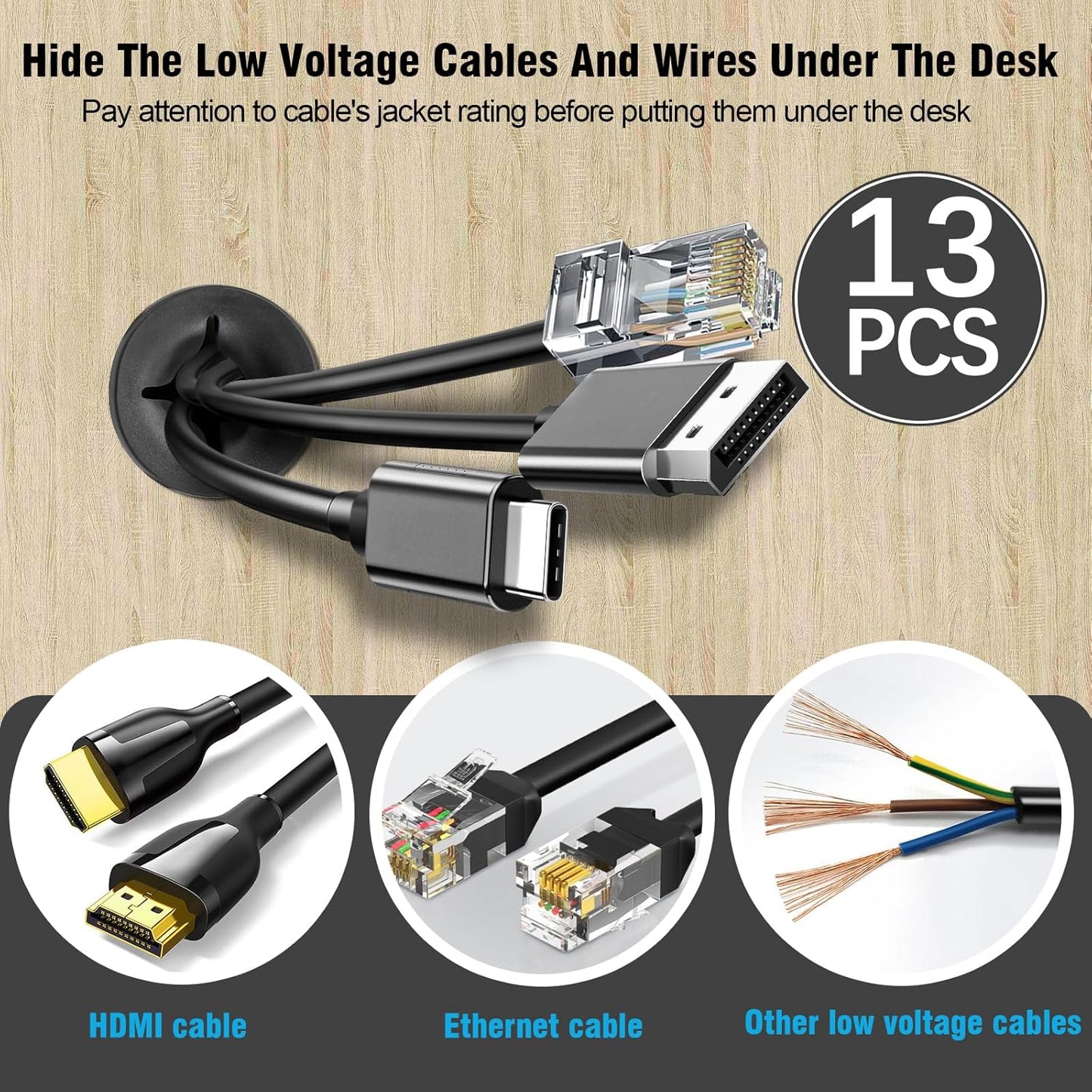 1" Black Desk Grommet, JTemgle Flexible Cable Grommet with Bi-Metal Hole Saw Cross Rubber Cable Hole Cover Wire Organizer Caps Desktop Cord Management for Home Office TV Stands Tabletops, 13 Pieces