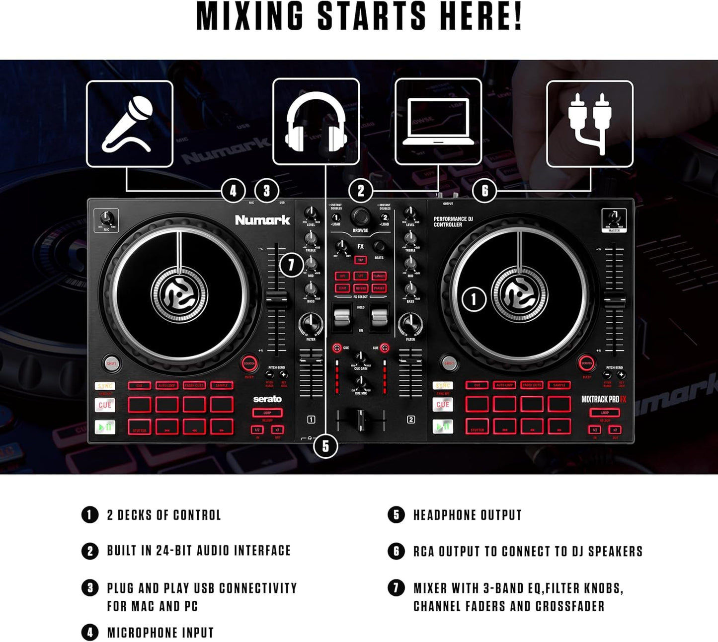 Numark Mixtrack Pro FX Serato DJ Controller with 2 Decks, Mixer, (Effects Paddles and Audio Interface)