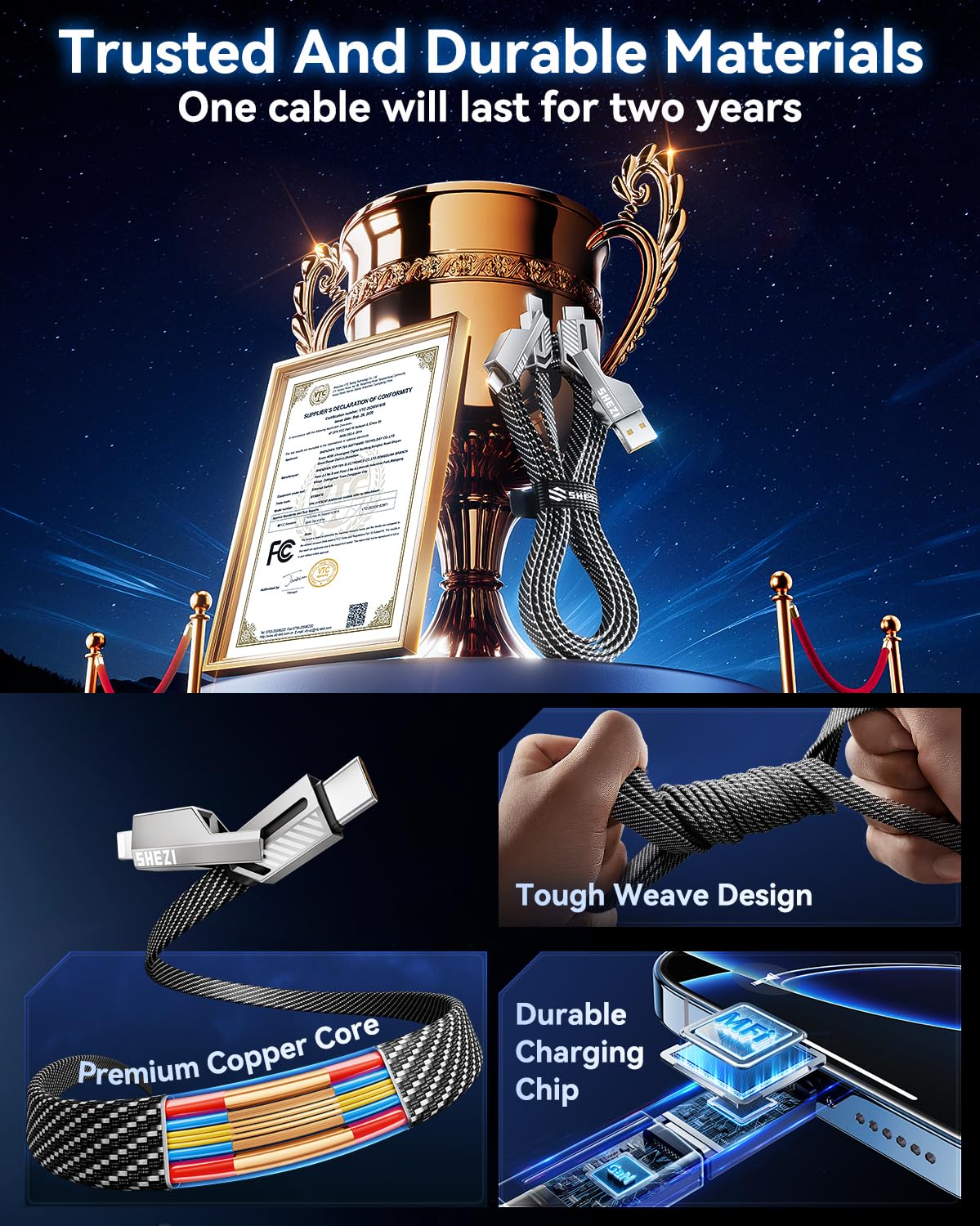 [One is Enough] 4-in-1 Compatible with USB C to Lightning Cable, 60W High-Speed Charging & Fast Data Transfer,CarPlay & Android Auto Support Multi Charger Cord Combo for iPhone/Samsung/iPad,3FT