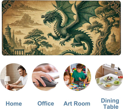 Vintage-Style Dragon Gaming Mouse Pad 3mm Thick Stitched Edge Waterproof Non-Slip Large Computer Keyboard Mouse Mat,Suitable for Office Entertainment Decorative Desk Pad 35.4 x 15.7 Inches
