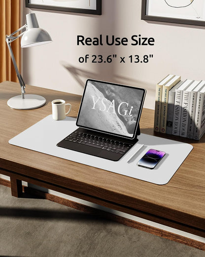 YSAGi Leather Desk Protector, Office Mat, Large Mouse Mat, Non-Slip PU Leather Blotter, Laptop Desk, Waterproof Writing Pad for Office and Home (White, 23.6" x 13.8")