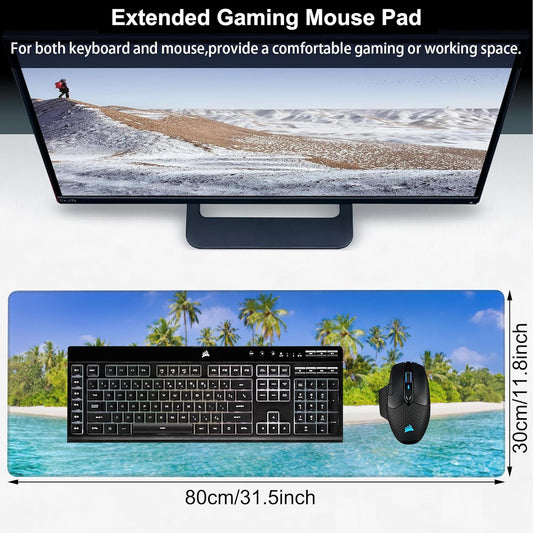 Tropical Nature Landscape Desk Mat,Large Summer Beach Seawater and Palm Trees Gaming Keyboard Mouse Pad,Non-Slip Rubber Base Desk Pad Thick Stitched Edges Waterproof Mousepad Mouse Mat 31.5"x11.8"