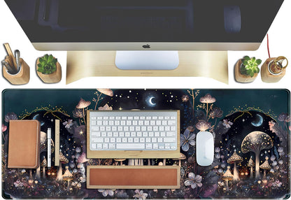 Cute Dark Mushroom Moon Night Mouse Pad XL Extended Gaming Mat with Stitched Edges, Computer Laptop Keyboard and Mouse Mat for Women Office Desk Decor, 31.5x11.8 in