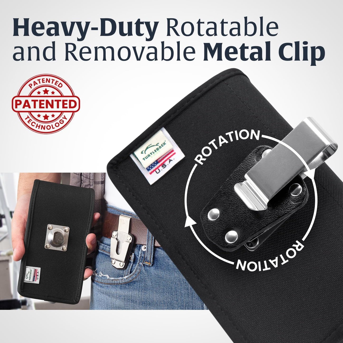 Turtleback Belt Clip for iPhone 16 Pro, 16e, 15 pro 14 Pro 13 Pro -Medium- Fits w/Shockproof Commuter Style Cases, Premium Black Nylon, Horizontal Belt Holder, Magnetic Closure HD Rotating Clip