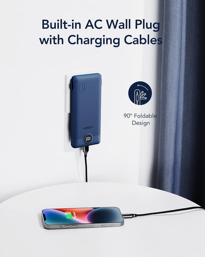 VEGER Portable Charger for iPhone with Built in Cables and Wall Plug, 10000mah Slim Fast Charging USB C Power Bank, Travel Essential Battery Pack Compatible with iPhone, iPad, Samsung etc(Navy)