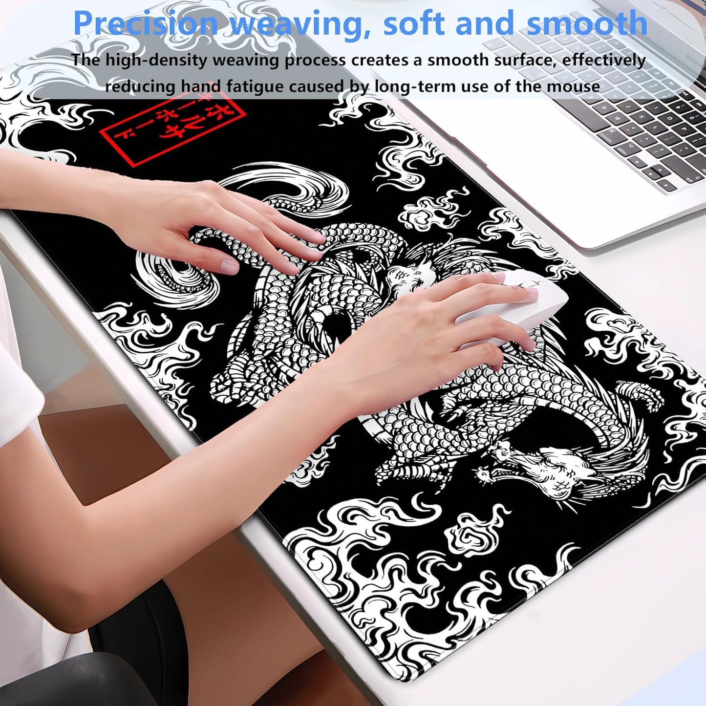 Black and White Mouse Pad Extra Large Gaming Mousepad XL Dragon Desk Mats Japanese Full Desk Keyboard Mat Computer Pad Desk Matt with Stitched Edges Non-Slip Desktop Mat 31.5 x15.7 in