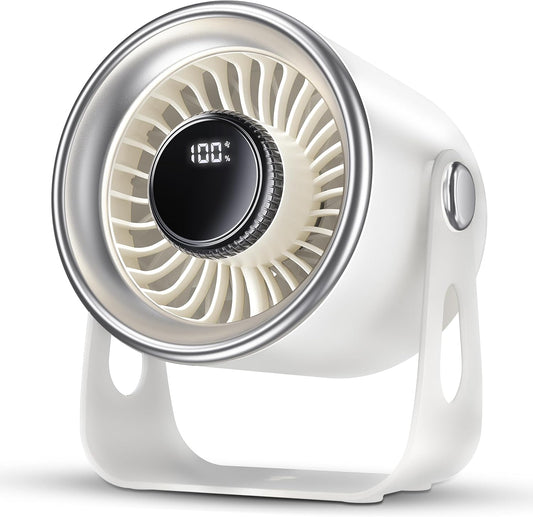 Quiet Small Desk Fan with 100 Speeds Knob switch, Digital Display Portable Rechargeable Fan for Office, Bedroom, Kitchen, Home, Outdoor, 135° Tilt Small Travel Camping Table Fan, White