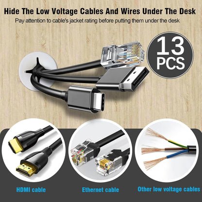 1" White Desk Grommet, JTemgle Flexible Cable Grommet with Bi-Metal Hole Saw Cross Rubber Cable Hole Cover Wire Organizer Caps Desktop Cord Management for Home Office TV Stands Tabletops, 13 Pieces