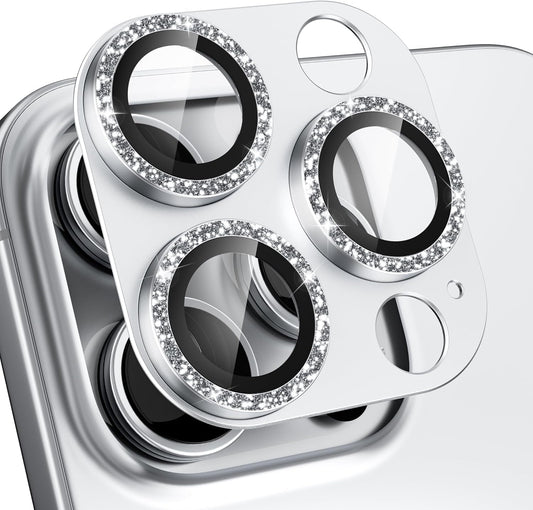 beuxece Compatible for iPhone 16 Pro/iPhone 16 Pro Max Camera Lens Protector, Bling Metal Tempered Glass Camera Screen Cover Accessories [Strong Adsorption][Case-Friendly]- Glitter Titanium Silver
