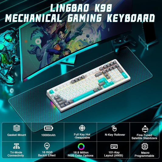 LINGBAO K98 Wireless Mechanical Gaming Keyboard, 10000mAh Battery Tri-Mode BT5.0/2.4GHz/USB-C, Gasket Custom Hot-Swappable Linear Switches Mechanical Keyboards, RGB Backlit Keyboard for PC Laptop