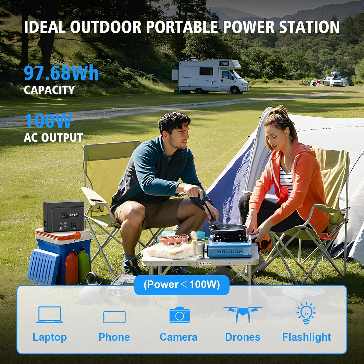 Powkey Portable Power Station 100W Rated, 97Wh Small Portable Generator with AC Outlet 110V/PD 65W USB C Fast Charging, 26400mAh Laptop Charger Power Bank for Outdoor Camping Home Battery Backup