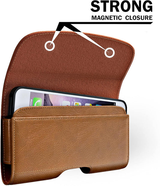 PiTau Holster for Large iPhone Plus, Pro Max Models 16 15 14 13 12 11 Xs Max – Cell Phone Belt Holder Clip Case, ID Card Carrying Pouch (Fits Otterbox Commuter Case) Brown