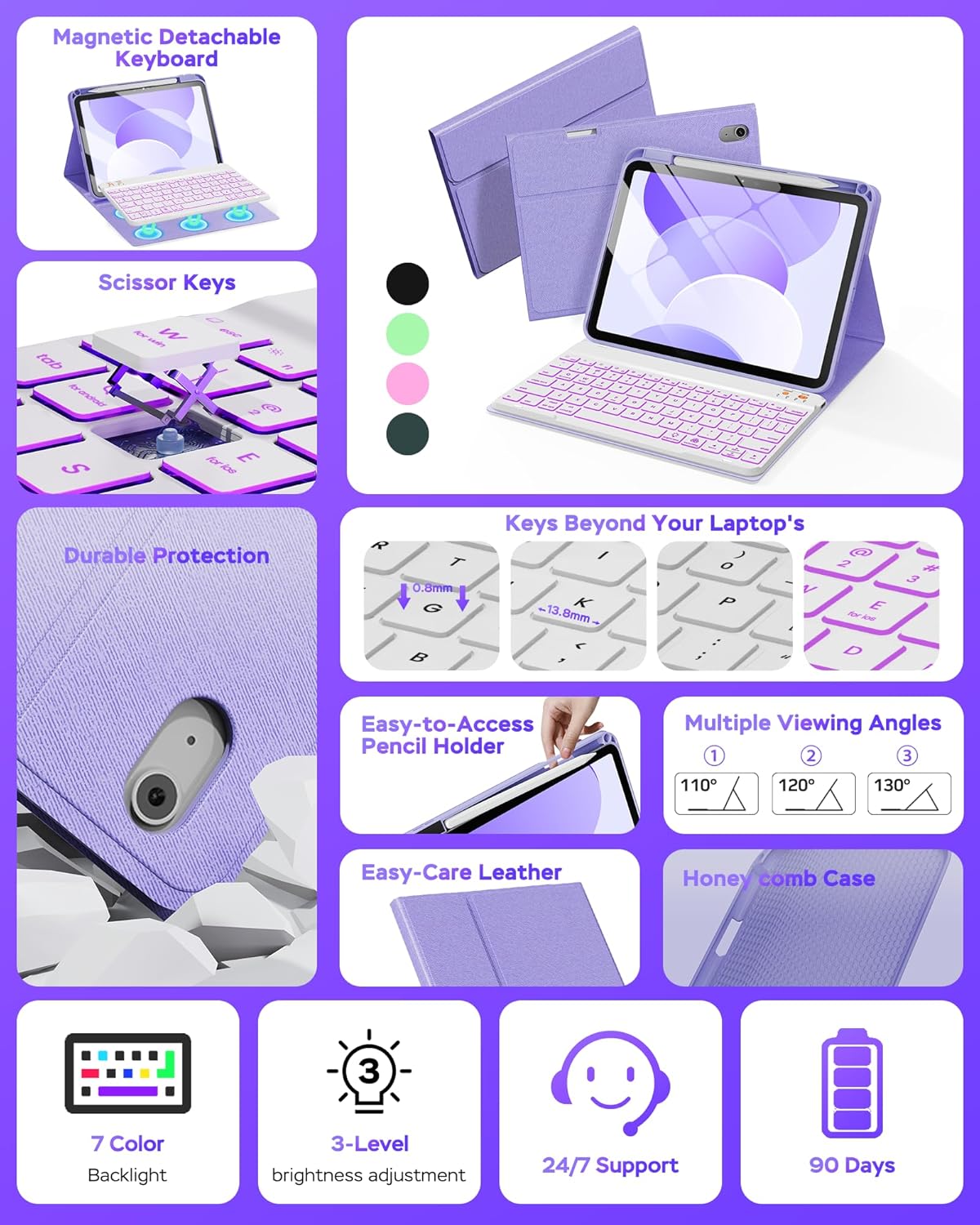 Folio Keyboard Case for iPad 10th Gen 10.9 inch (2022) and iPad 11th (A16, 2025), Magnetic Wireless Detachable Keyboard, 7-Color Backlight, Thin & Light, Pencil Holder (Purple)