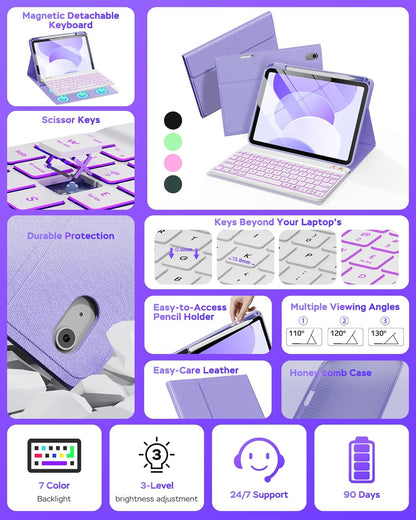 Folio Keyboard Case for iPad 10th Gen 10.9 inch (2022) and iPad 11th (A16, 2025), Magnetic Wireless Detachable Keyboard, 7-Color Backlight, Thin & Light, Pencil Holder (Purple)