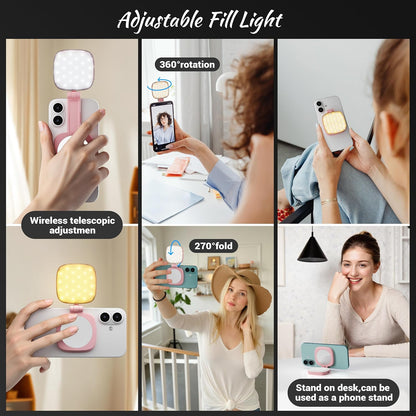 Magnetic Selfie Light for Phone: 5 Led Mode with Mirror Compatible for iPhone & Android - Rechargeable Portable Fill Light for Photography/Video Recording/Conference/Vlog/Makeup (Pink)