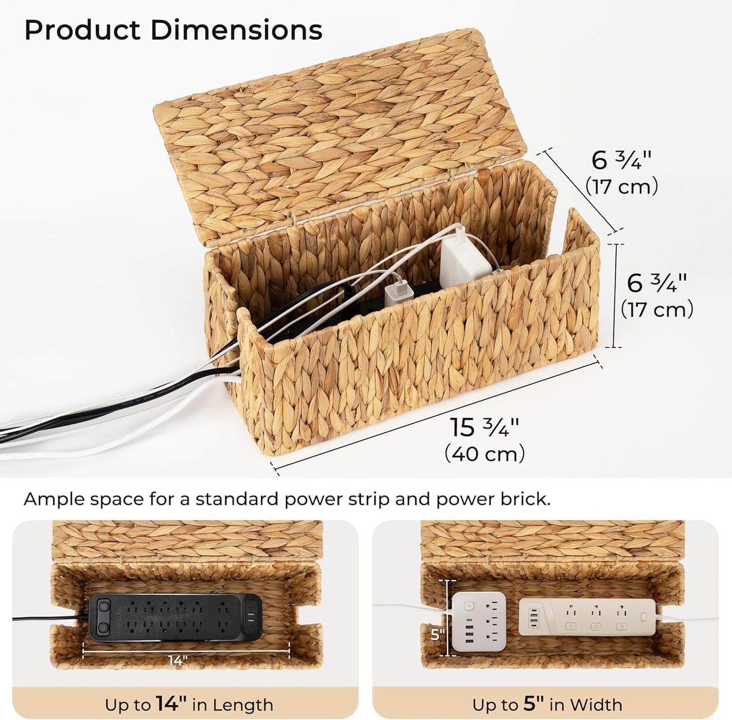 StorageWorks Large Cable Management Box, 2 Slots Wicker Cable Organizer to Hide Cords and Power Strip, Water Hyacinth Cord Hider Box for Home & Office