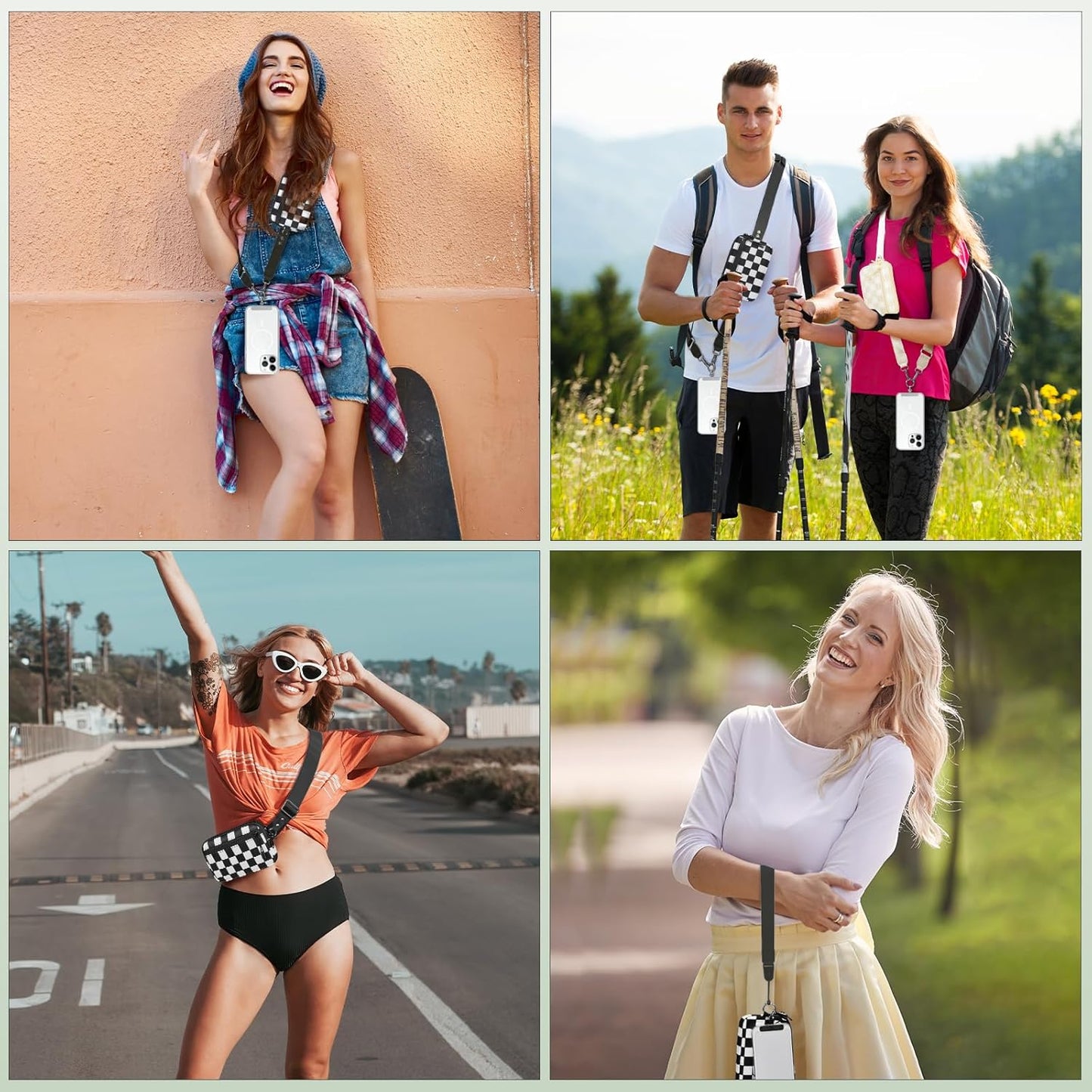 Clip and Go Strap for Phone with Wallet Crossbody, Adjustable Phone Lanyard with Detachable RFID Wristlet Wallet, Phone Strap with Phone Tabs for All Phones, Black Checkered (M)