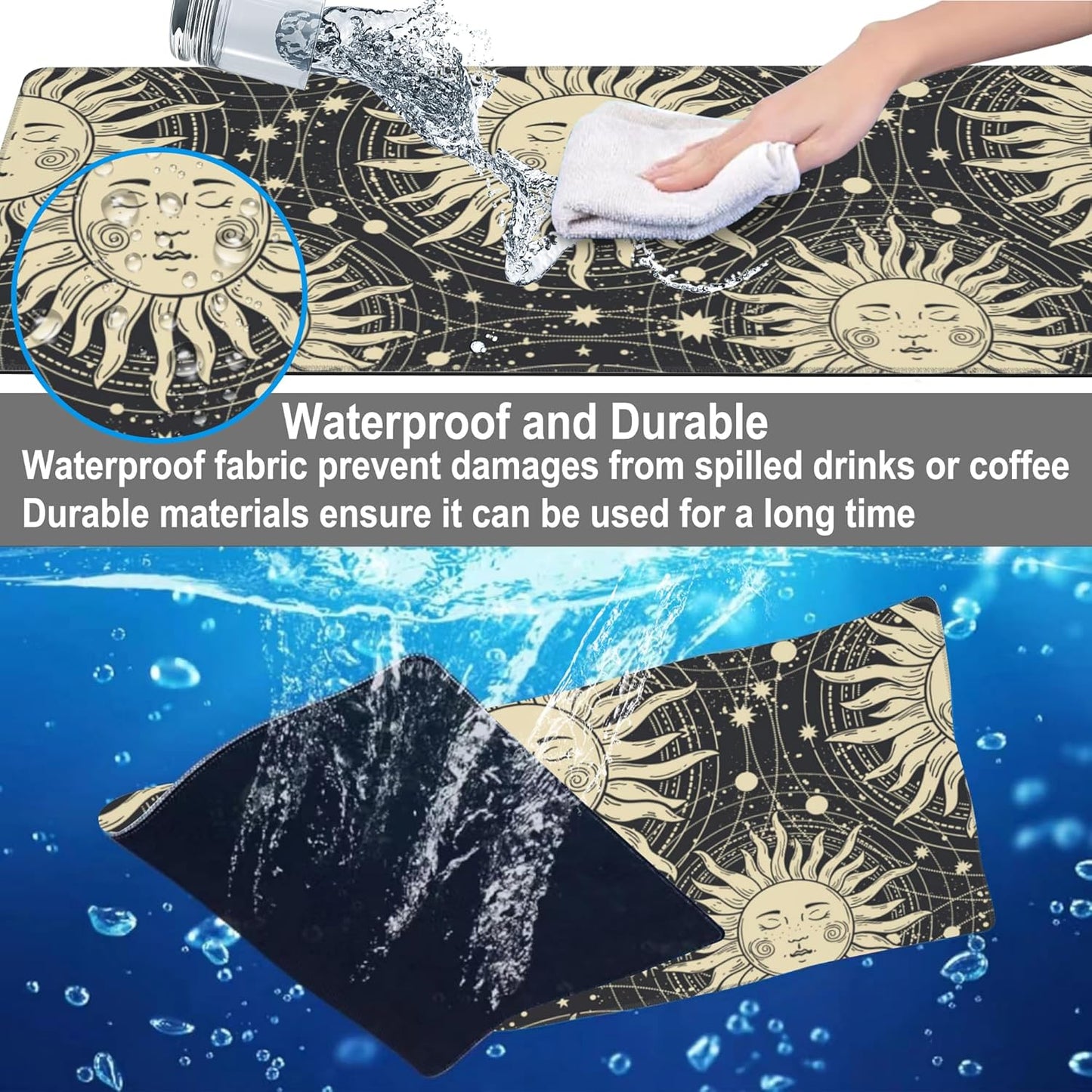 Mouse Pad, Large Golden Sun with a Face and Orbits Desk Mat, Extended Non-Slip Gaming Keyboard Mousepad Desk Pad, Thick Stitched Edges Waterproof Mouse Mat 31.5"x15.7" (Boho Pattern)