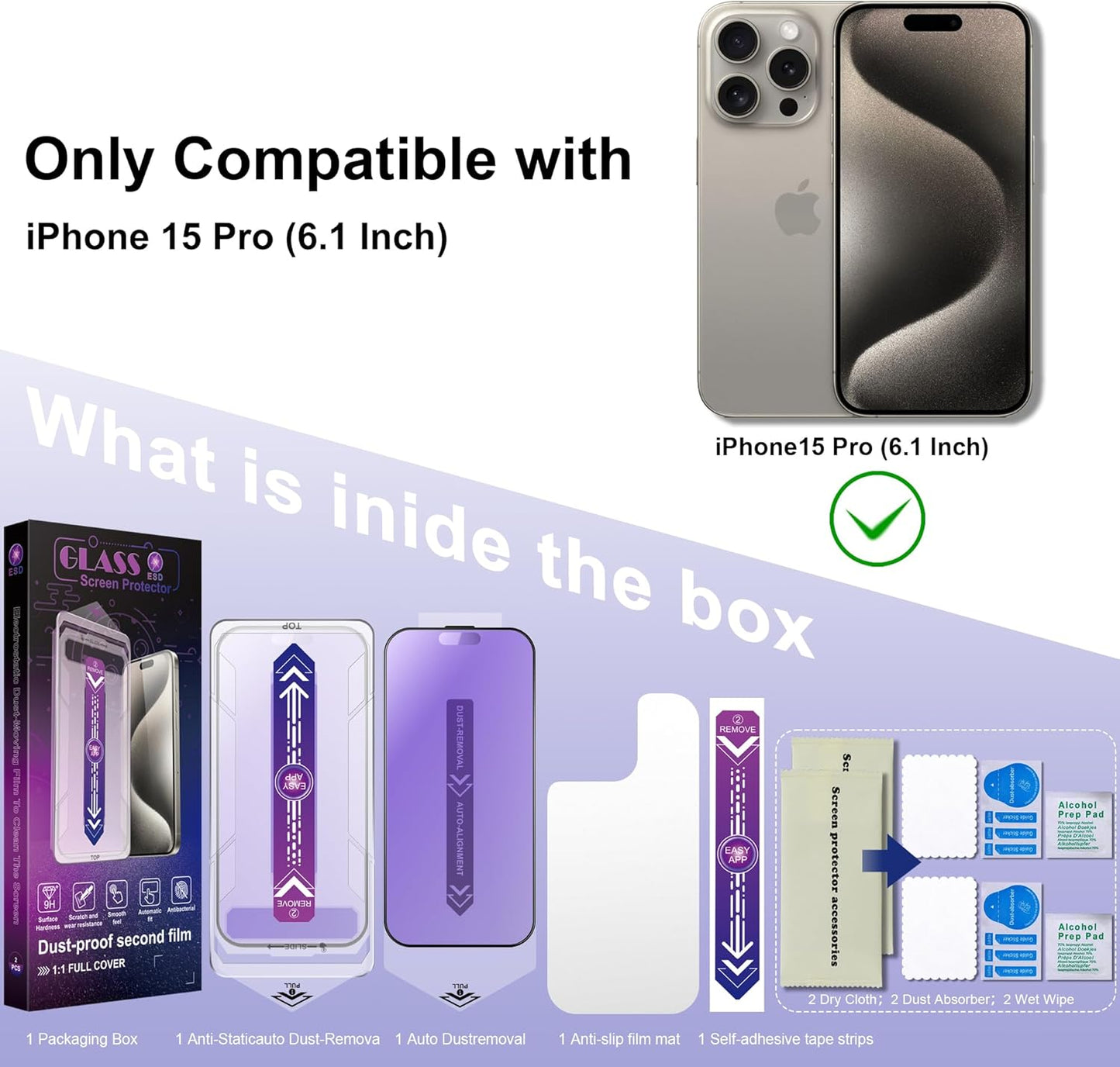 2 Pack Anti Blue Light Matte Screen Protector for iPhone 15 Pro 6.1-Inch Auto Dust Removal, No Bubbles, Tempered Glass Film, Easy Installation