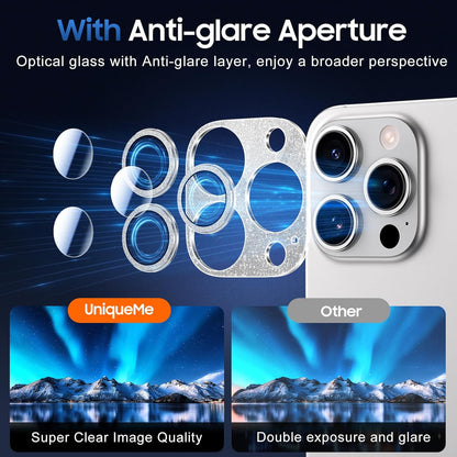 UniqueMe for 3 Pack iPhone 16 Pro/iPhone 16 Pro Max Camera Lens Protector - [Drop Protection] [Case Friendly] 9H Tempered Glass Camera Cover Screen [Update New Version] - Glitter Silver
