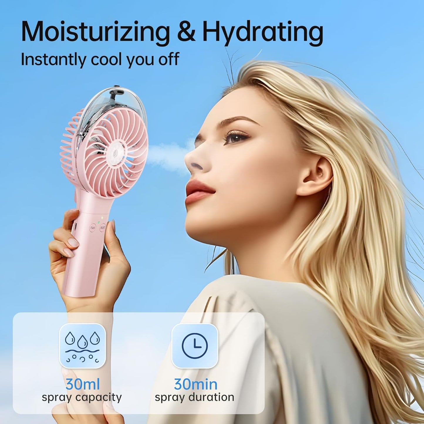PANERGY Handheld Misting Fan – Rechargeable Battery Operated,Handheld Personal Fan with Mist Spray, Electric Hand Fans, 180° Foldable Mister Fans for Travel, Camping, Disney, Concerts, Office(Pink)