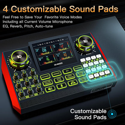Audio mixer, suitable for live streaming, singing, and gaming on computer/phone; soundboard for 3.5mm condenser microphone; podcast mixer with live sound card, noise reduction, and one-touch mute