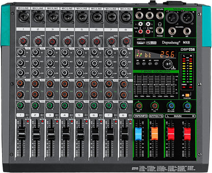 Depusheng MX8 8 Channel Sound Mixer Audio Mixing Console 48V 256DSP Professional USB PC Play Record Podcast Live Broadcast (US MX8)