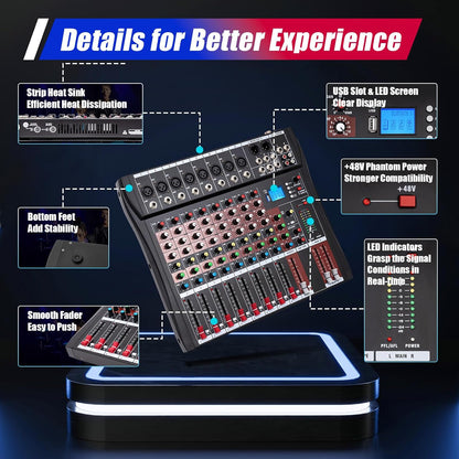 8 Channel Audio Mixer, Bluetooth Studio Mixer Audio DJ Sound Board Controller with USB, Sound Mixer Console Mixing Board for Professional and Beginners (8 Channel)