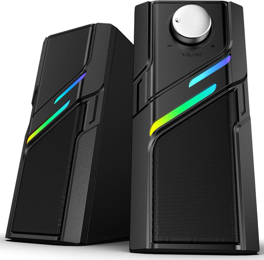 LENRUE Computer Speakers for Desktop PC with Easy Knob, Clear Powerful Sound, Touch Lights, Plug and Play for Computer Desktop PC, Monitors, Laptop (USB & AUX)