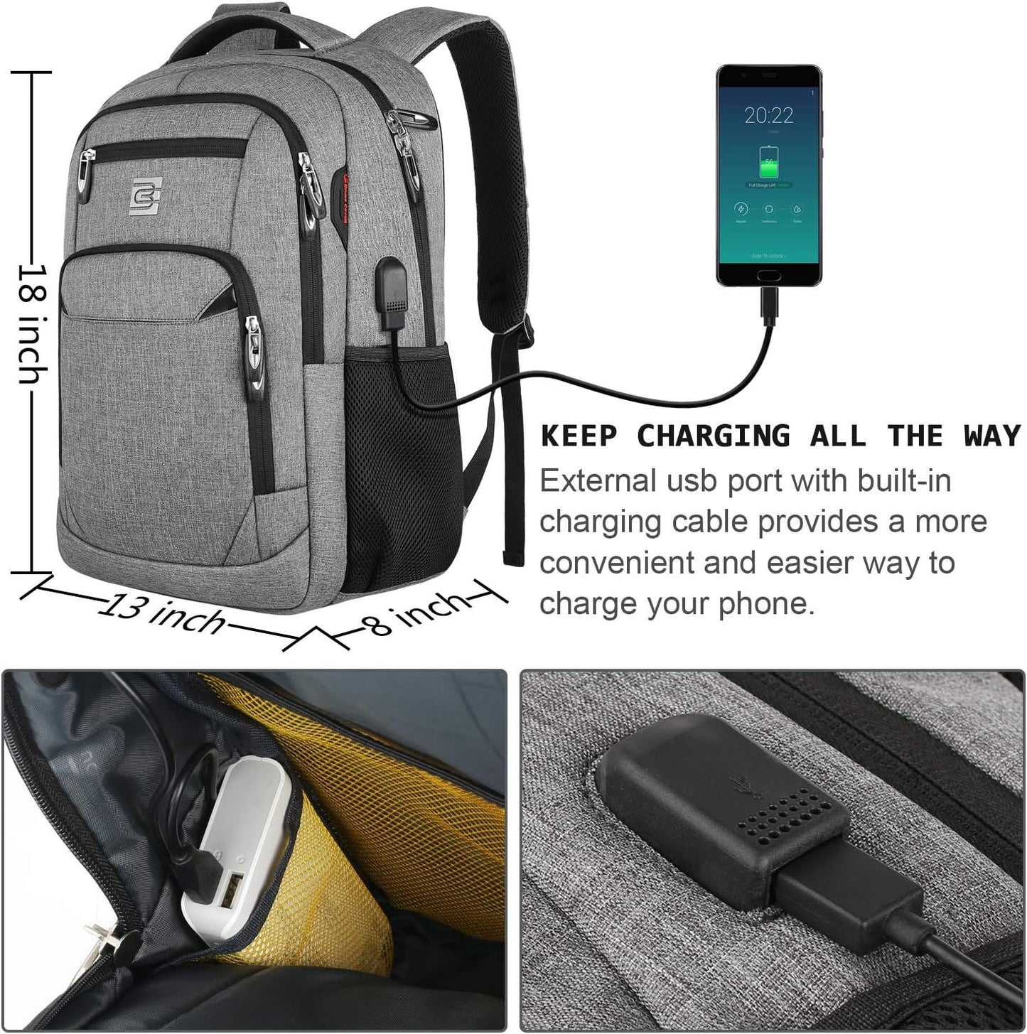 Laptop Backpack,Business Travel Anti Theft Slim Durable Laptops Backpack with USB Charging Port,Water Resistant College Computer Bag for Women & Men Fits 15.6 Inch Laptop and Notebook - Grey