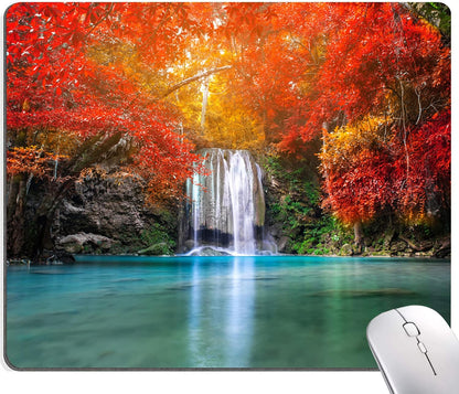 Mouse Pad, Natural Landscape Mouse Mad, Square Waterproof Mouse Pad Non-Slip Rubber Base MousePads for Office Laptop, 9.5"x7.9"x0.12" Inch(Waterfall in Autumn Forest)