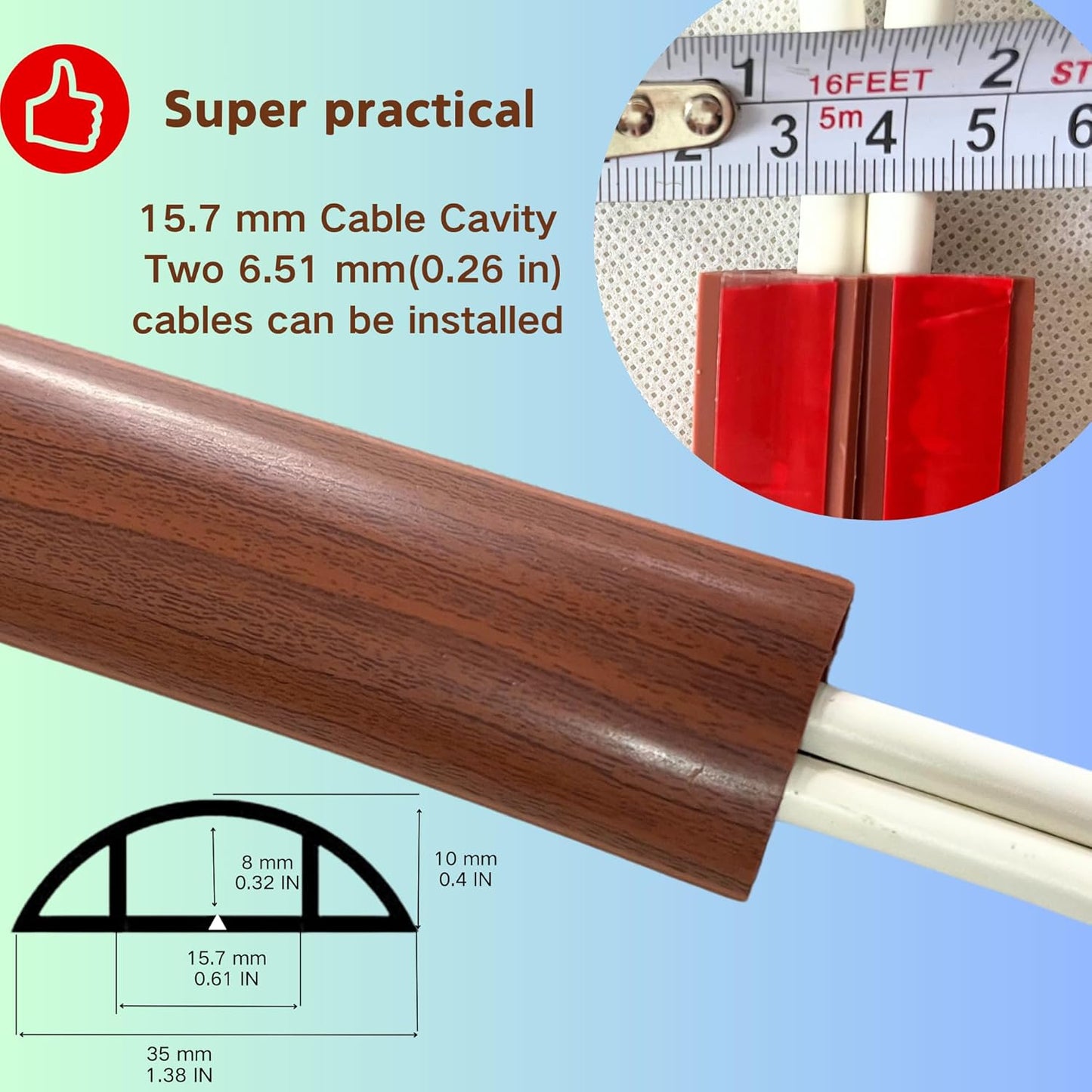 10ft Self Adhesive Floor Cord Cover, Cord Hider Floor, Cable Cavity:0.61"(W) x 0.32"(H),Heavy Duty Cable Protector, Hide Extension Cords, Cable Management Hide Wires on Floor,Walnut Wood