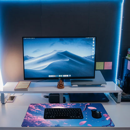 Large Gaming Mouse Pad for Desk, Falling Cherry Blossoms Desk Mat, Bright Full Moon Desk Pad, 31.5"x15.7" Extended Big Computer Keyboard Mouse Pad with Non-Slip Base and Stitched Edge