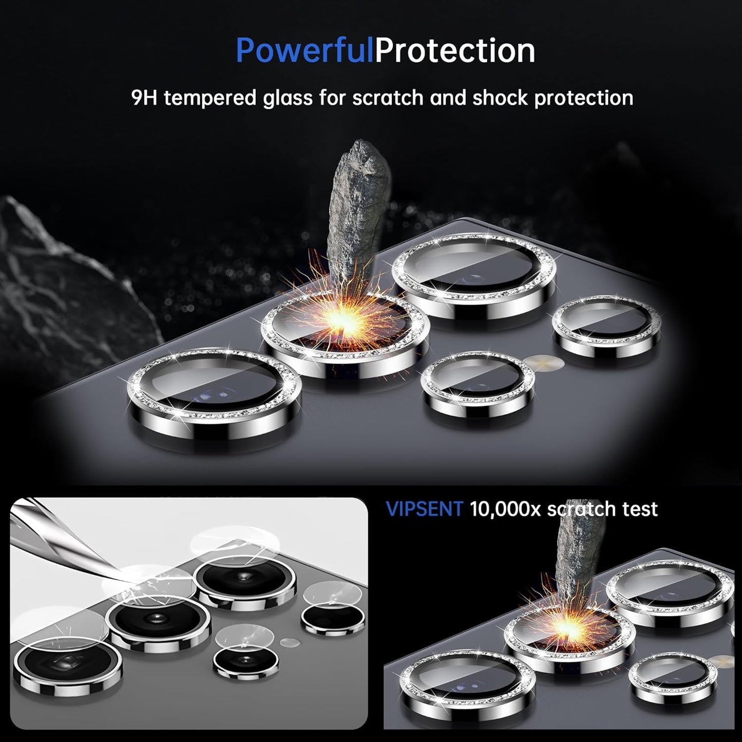 For Samsung Galaxy S23 Ultra Camera Lens Protector, Individual Lens Protector, Ultra HD 9H Tempered Glass Screen Protective Cover, Anti-scratch, Military Grade Drop Protection 2 Set. (Glitter Silver, S23 Ultra)