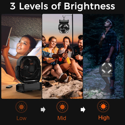 Camping Fan with Light - 20000mAh Rechargeable Battery Fan, 112Hrs Max Run Time, 8 Speeds, Digital Display, Timer, Auto Oscillation, 270° Pivot & Hook for Camping, Power Outage, Hurricane (Black)