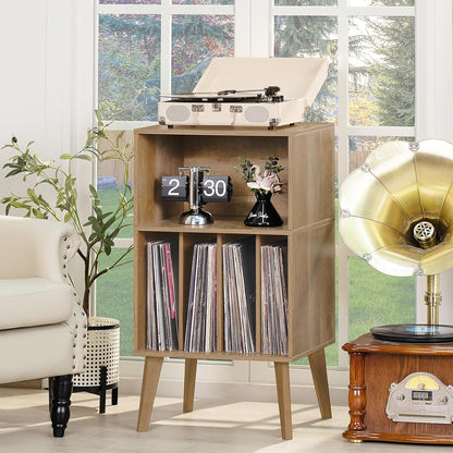Lerliuo Record Player Stand, Oak Turntable Stand Holds up to 160 Albums, Mid-Century Vinyl Storage Cabinet Table with Solid Wood Legs, Record Player Holder Dispaly Shelf for Bedroom Living Room