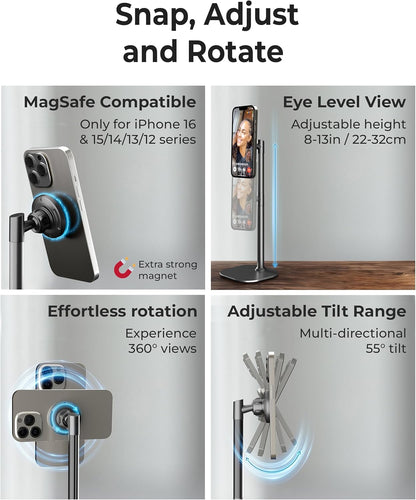 Cooper MagStand - Adjustable Magnetic iPhone Stand for Desk & Phone Holder for Video Recording, Compatible with MagSafe, Stand for iPhone 16 Pro Max, 15/14/13/12, Small Mag Safe Tripod (Night Black)