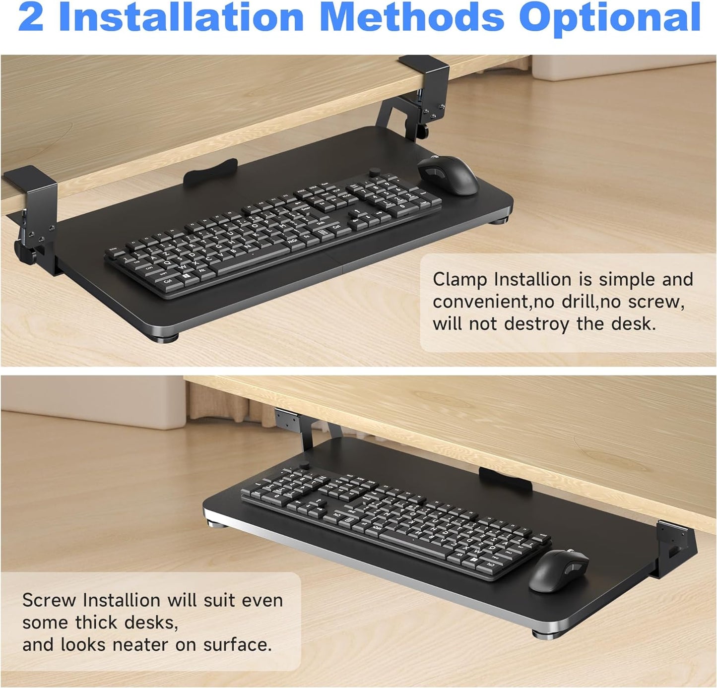 Keyboard Tray Under Desk Large C-Clamp 25.6” (30” Including Clamps) x 11.8” Slide-Out Platform Computer Drawer Pull Out Keyboard & Mouse Tray Black DSF4