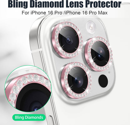 AGVEE 3+3 6 Pack for iPhone 16 Pro 6.3" / 16 Pro Max 6.9" Camera Lens Cover Protector, Bling Diamond & Bling Glitter Metal Ring 9H Tempered HD Glass Camera Cover Protector Film, Bling-Pink