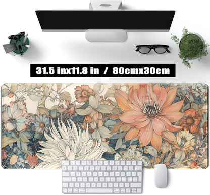 Japanese Minimalist Floral Desk Mat Aesthetic Flowers XL Large Extended Gaming Mouse Pad with Stitched Edges, Big Laptop Computer Keyboard and Mouse Mat for Girl Women Office Decor 31.5x11.8 in