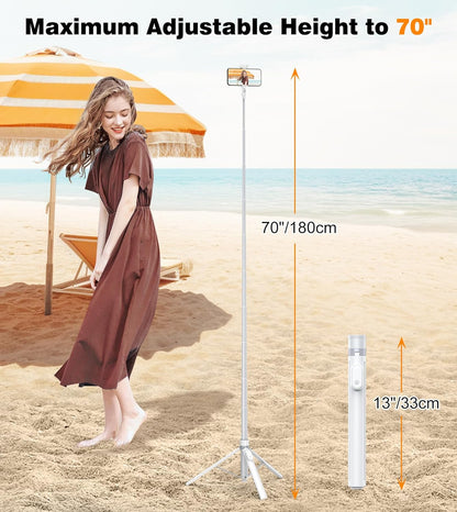 TONEOF 70" Automatic Tripod,Auto-Open Phone Stand with Magnetic Rechargable Remote,Selfie Stick 360° Vertical & Horizontal Rotatable,Stable Travel Tripod for iPhone/Android(White)