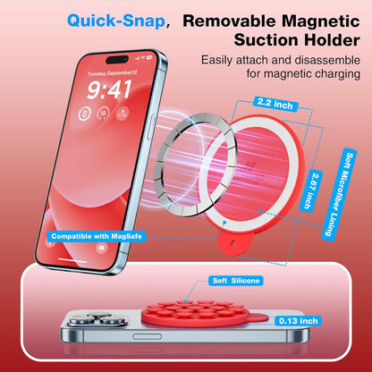 Magnetic Suction Cup Phone Mount for MagSafe Case, Silicone Hands-Free Phone Grip Holder for iPhone and Android, Mirror Shower Phone Stand for Makeup FaceTime Gym Kitchen Bathroom, Red