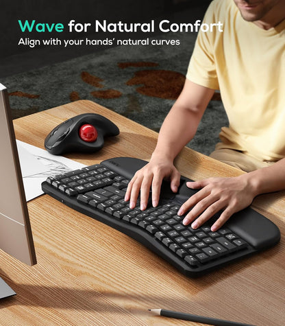Nulea RT08 Wave Keys Wireless Ergonomic Keyboard with Cushioned Palm Rest, 2.4GHz Ergo Cordless USB Computer Keyboard, Comfortable Natural Typing, for Laptop, Mac, Windows Black