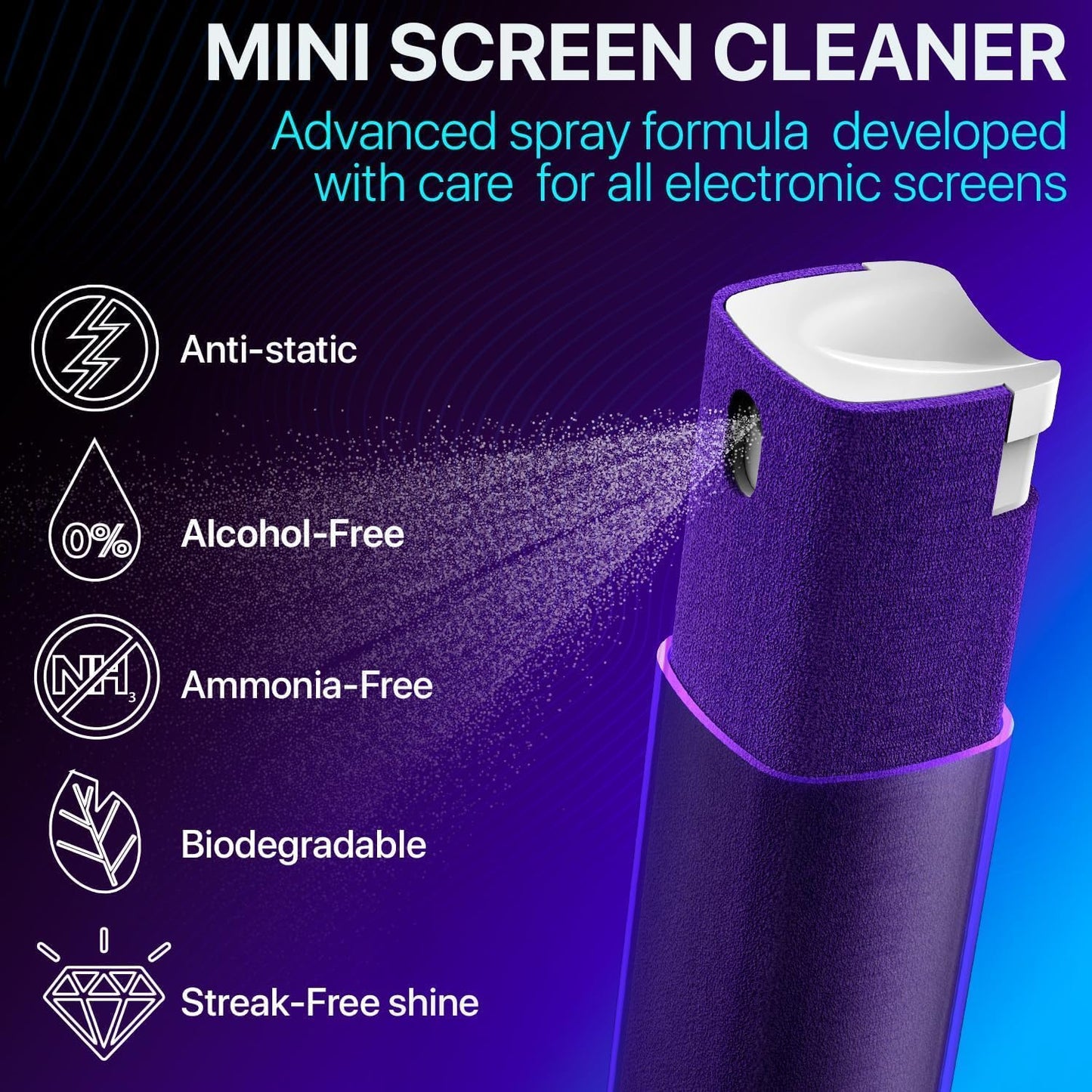 Mini Screen Cleaner Spray – Finger Proof Screen Cleaner for Smartphones, iPads, MacBooks, Laptops, Car Screens, Touchscreens – 3in1 Mist Cleaner, Microfiber Cloth and Cover (Dark Green)