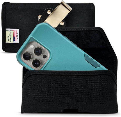 Turtleback Belt Clip for iPhone 16 Pro, 16e, 15 pro 14 Pro 13 Pro -Medium- Fits w/Shockproof Commuter Style Cases, Premium Black Nylon, Horizontal Belt Holder, Magnetic Closure HD Rotating Clip