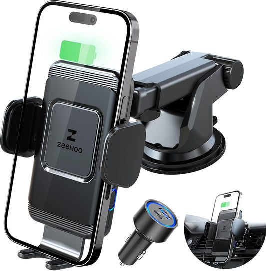 ZeeHoo Wireless Car Charger,15W Fast Charging Auto-Clamp Car Mount,Windshield Dash Air Vent Phone Holder for iPhone 14 13 12 Mini 11 Pro Max XS XR 8,S22 S21 S20(45W QC3.0 Adapter Included)